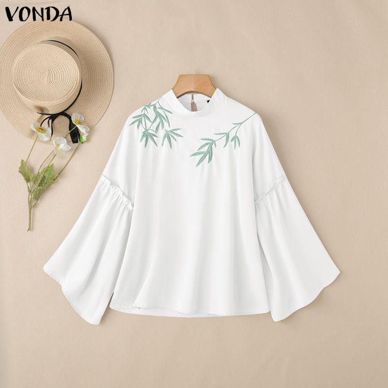 VONDA Damen Stehkragen Langarm Schlagarm Stickerei Elegant Lässig Bluse