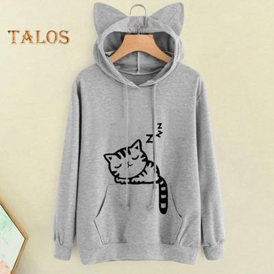 Sweat à capuche pour femme automne hiver avec grande poche, décor d'oreille de chat, imprimé chaton, manches longues, pull ample, haut de sport pour la maison et l'école