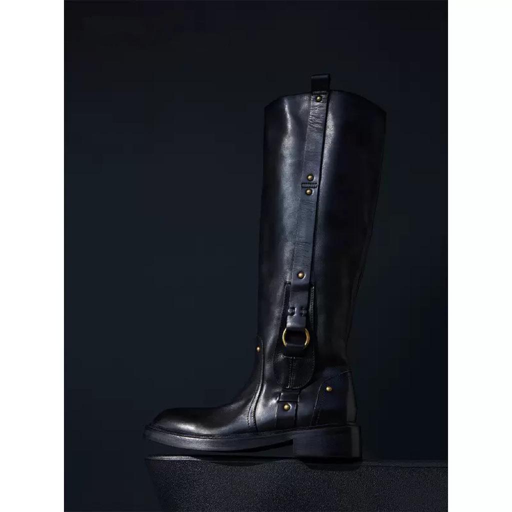 Cowhide version~ High tube temperament metal buckle but knee knight boots women's black leather thick heel side zipper boots