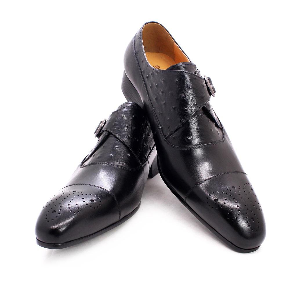 Fashion Luxury Men Leather Formal Shoes Classic Ostrich Printed Brogue Cap Toe Adjustable Buckle Office Party Wedding Dress Black Shoes