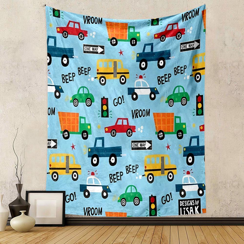 Colorful Cartoon Vehicles Pattern Patterned Tapestry Decorative Wall Hanging, Home Bedroom Living Room Decor