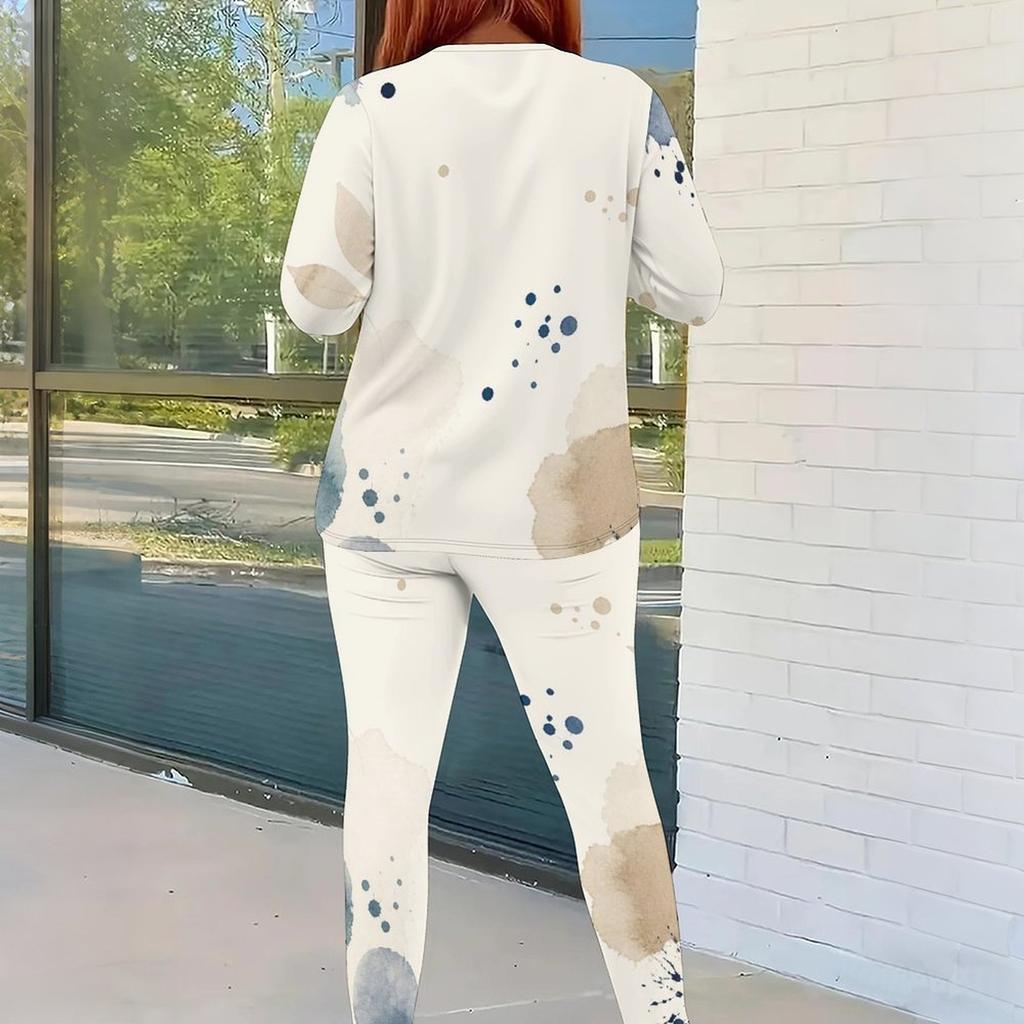 Women Plus Size White Printed Round Neck Long Sleeve Top And Fitted Pants Two Piece Set