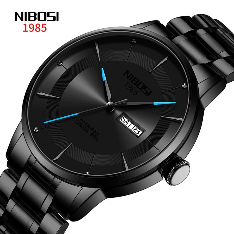 NIBOSI Fashion Quartz Watch for Men Luxury Stainless Steel Waterproof Luminous Date Week Cool Black Mens Watch Relogio Masculino