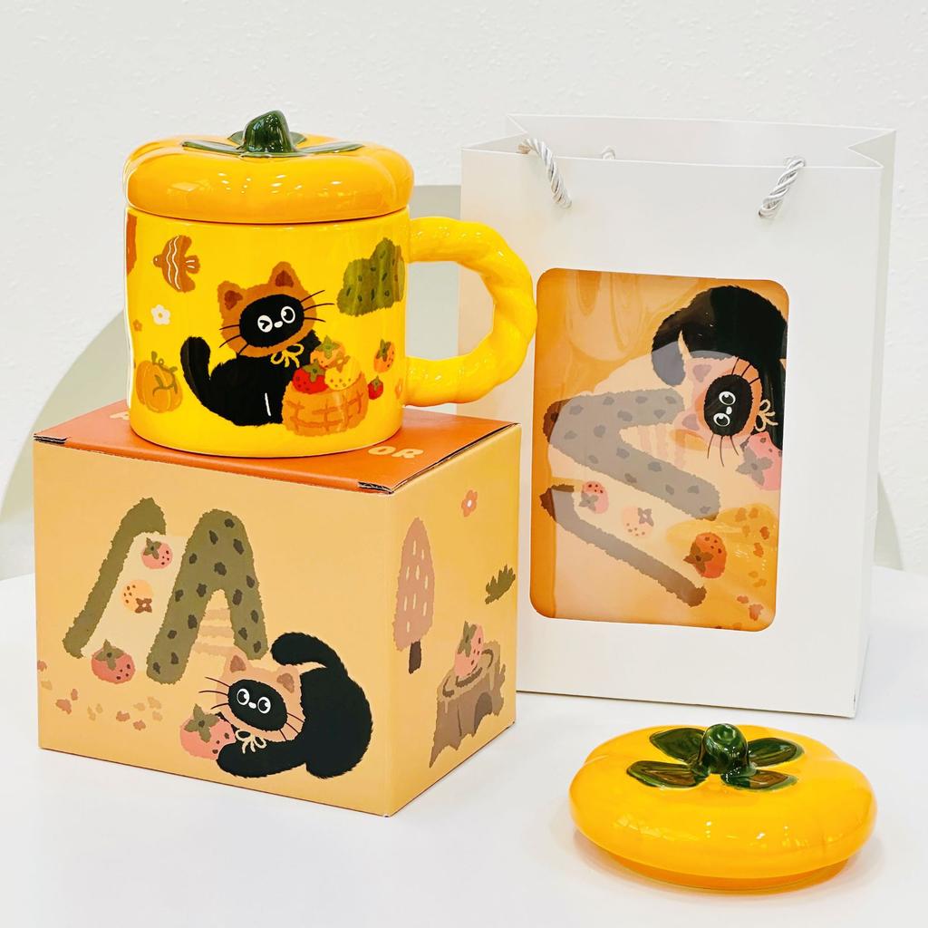 Opening Small Gift with Lid Cartoon Cat Cute Water Cup Household Set Ceramic Cup High Value Small Orange Cup
