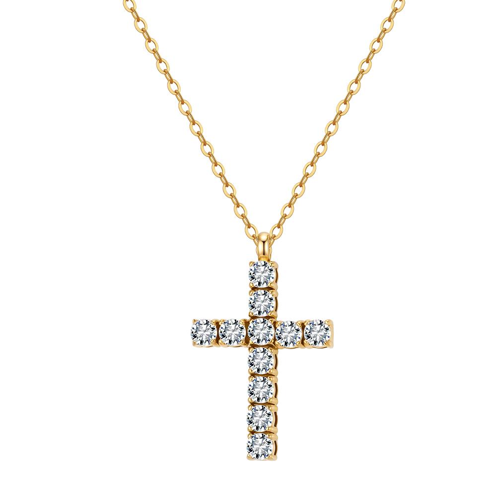 Pave Cross Pendant Necklace 316 Stainless Steel Gold Tone With 5A Square Cubic Zirconia Adjustable Chain Women Necklaces