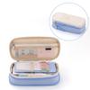 Pencil Pouch Large Capacity Color Splicing Double Layered Simple Style Zipper Design Pen Holder Bag For Student Light Blue