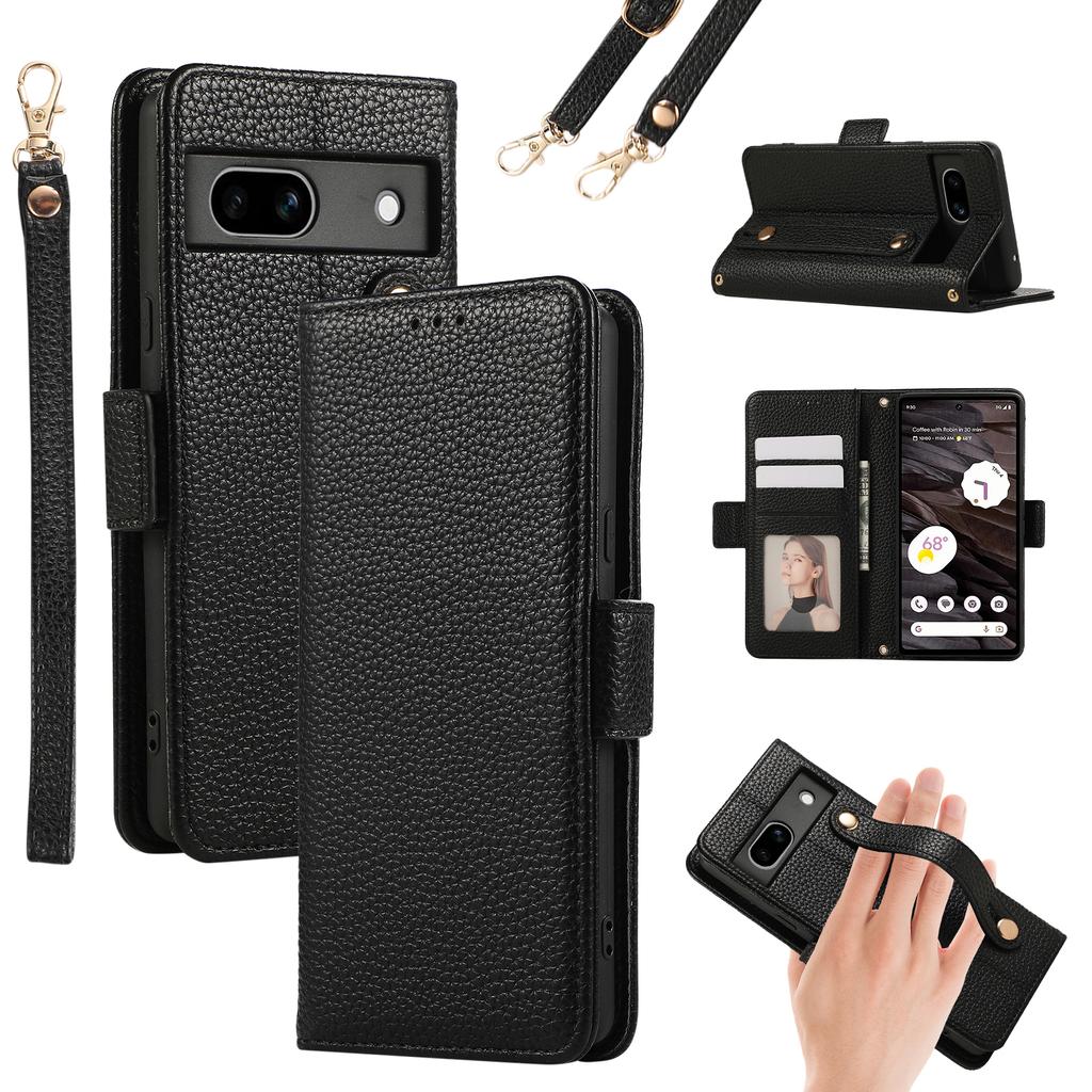 For Google Pixel 7a Leather Case with Card Holder, Straps, Shockproof Wallet Phone Cover