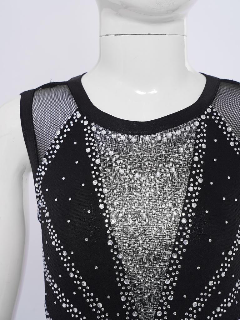 Mädchen Tanz Gymnastik Turnanzug Ärmellos Überkreuzter Rücken Glänzende Strasssteine Farbblock Performance-Kleidung