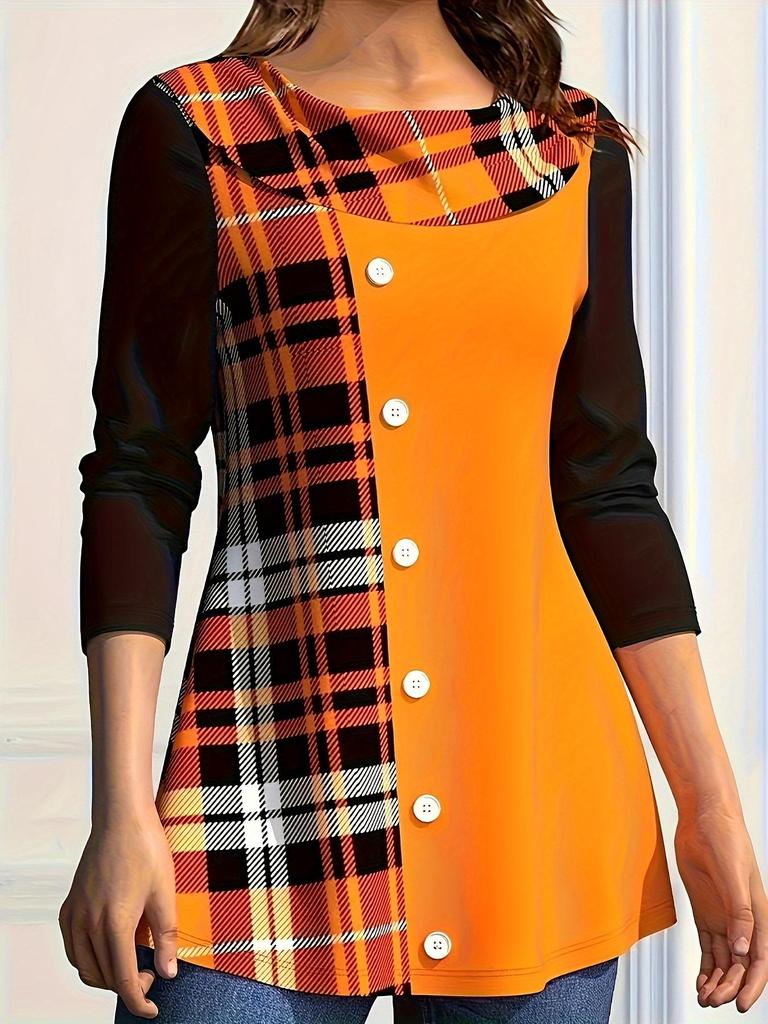 Tricou de damă cu mânecă lungă și guler cu nasturi, mărime plus, toamnă/iarnă 2023