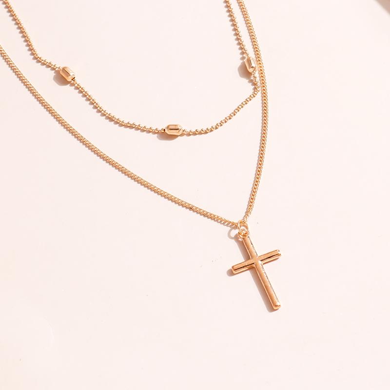 Romantic Cross Pendants Necklace for Women Gold Silver Color Multilayered Oval Beads Chain Necklace Minimalism Female Jewelry