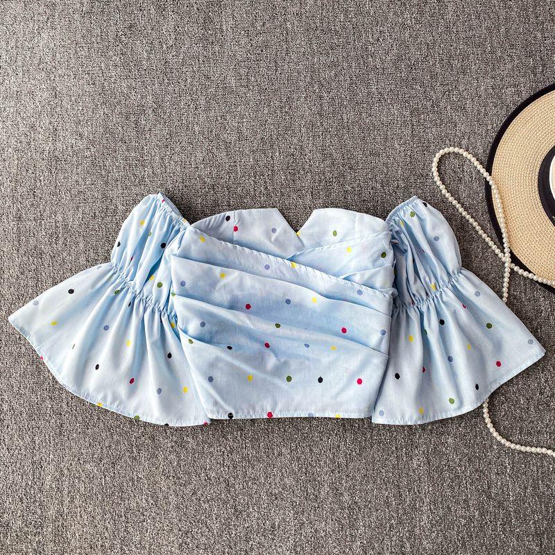 

French style Sweet Polka Dot Temperament off-Shoulder Bell Sleeve Shirts Women New Pleat Cross Slim fit Slimming Short Jacket Light Blue One size