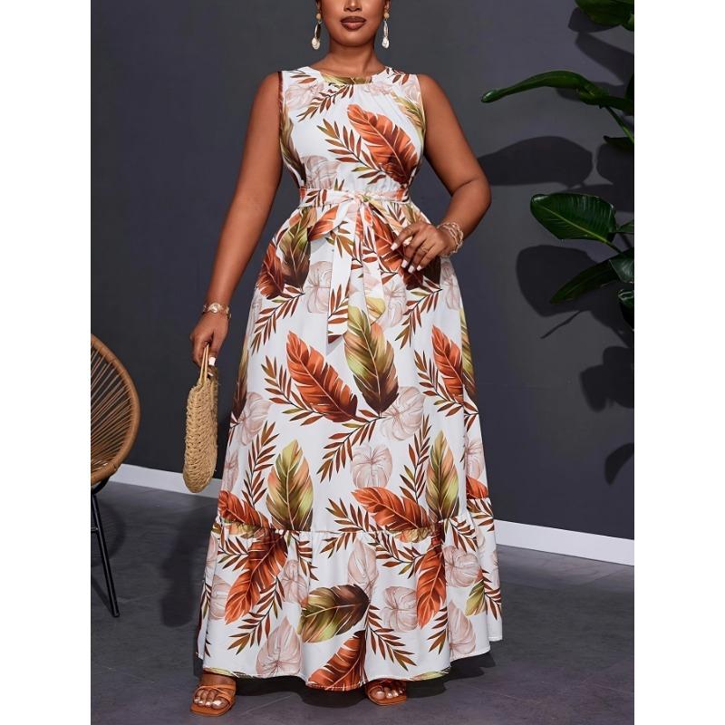 YYFS Women's Fashion Summer Spring Feather Print Sleeveless O-Neck High Waist Casual Dresses