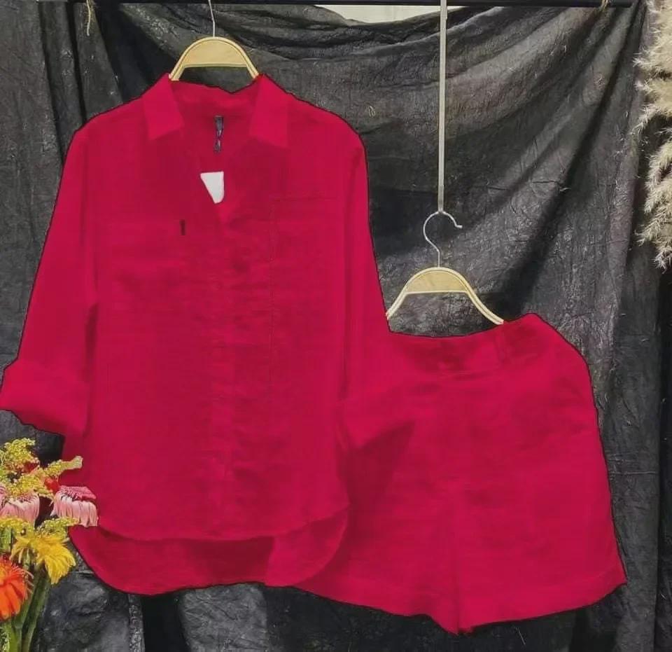 2023 Summer Women's Cotton Linen Long Sleeve Cardigan Two-Piece Set