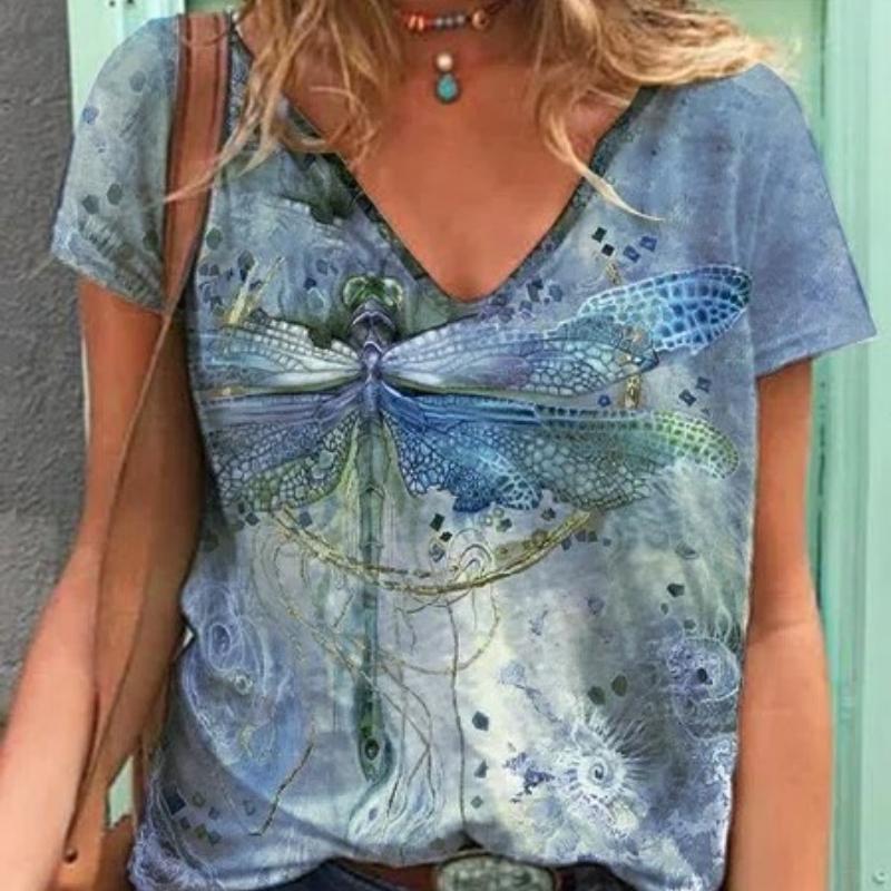 

Літня жіноча повсякденна вільна футболка з принтом бабки з V-подібним вирізом 2023 року з короткими рукавами XXXL