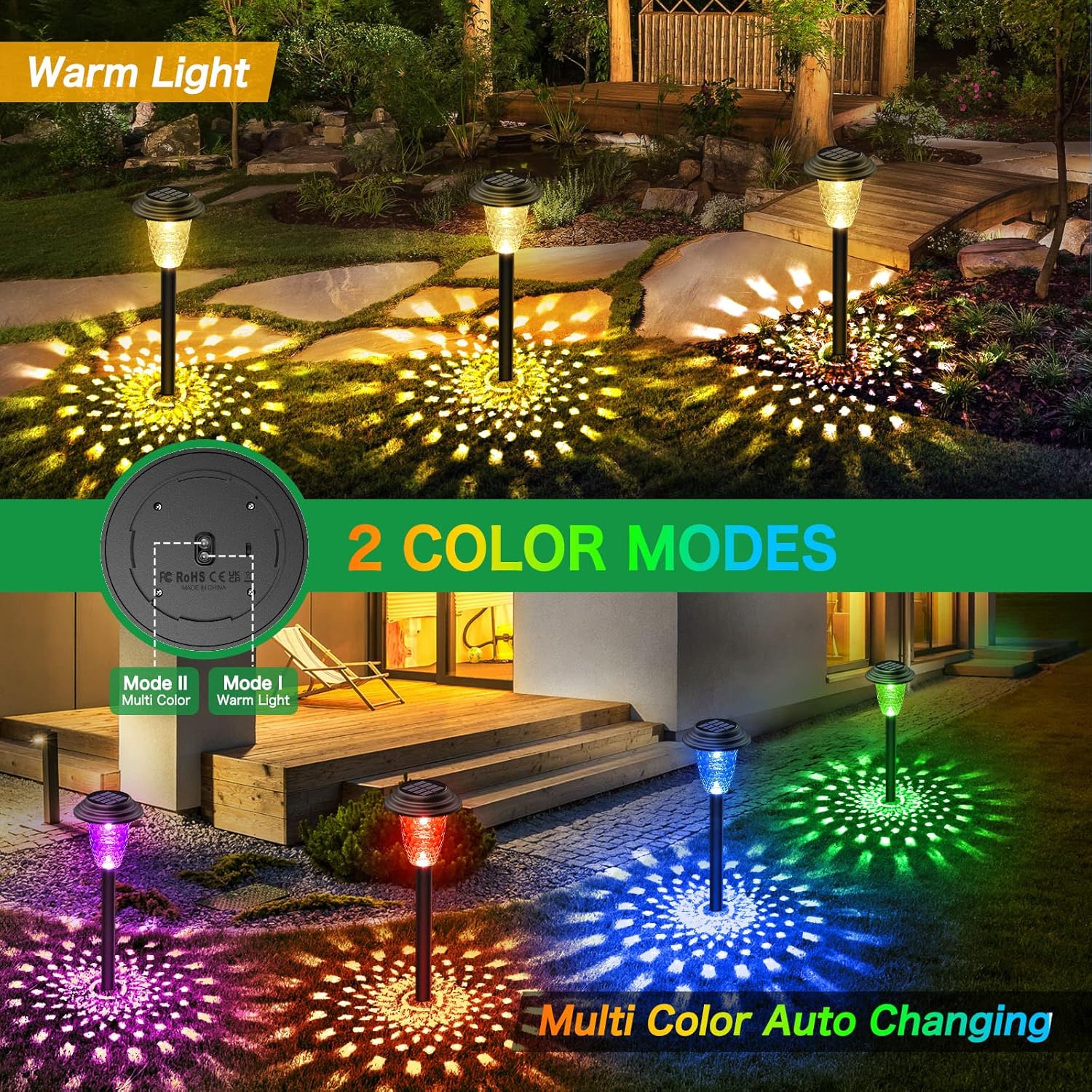 

8 Pack Solar Pathway Lights, Color Changing & Warm White, Waterproof Outdoor Garden Lights for Yard, Walkway, Lawn United States