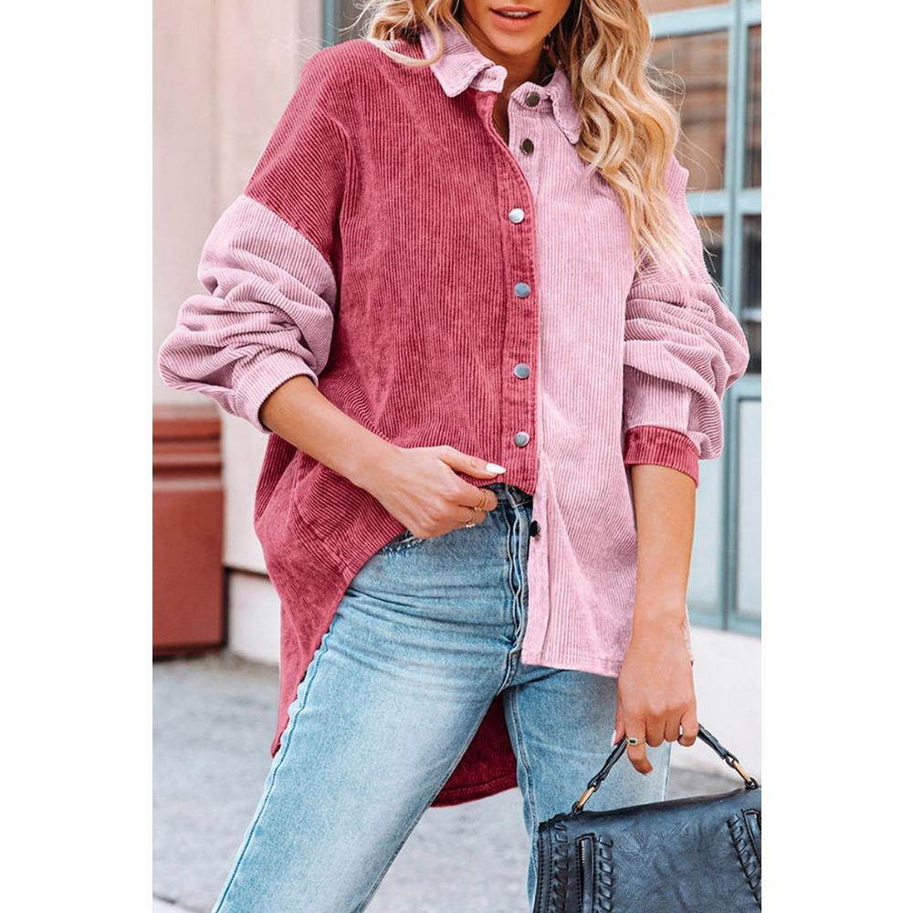 Women's Loose Casual Color Blocked Lapel Button Long Sleeved Shirt Top Long Sleeved Shirt