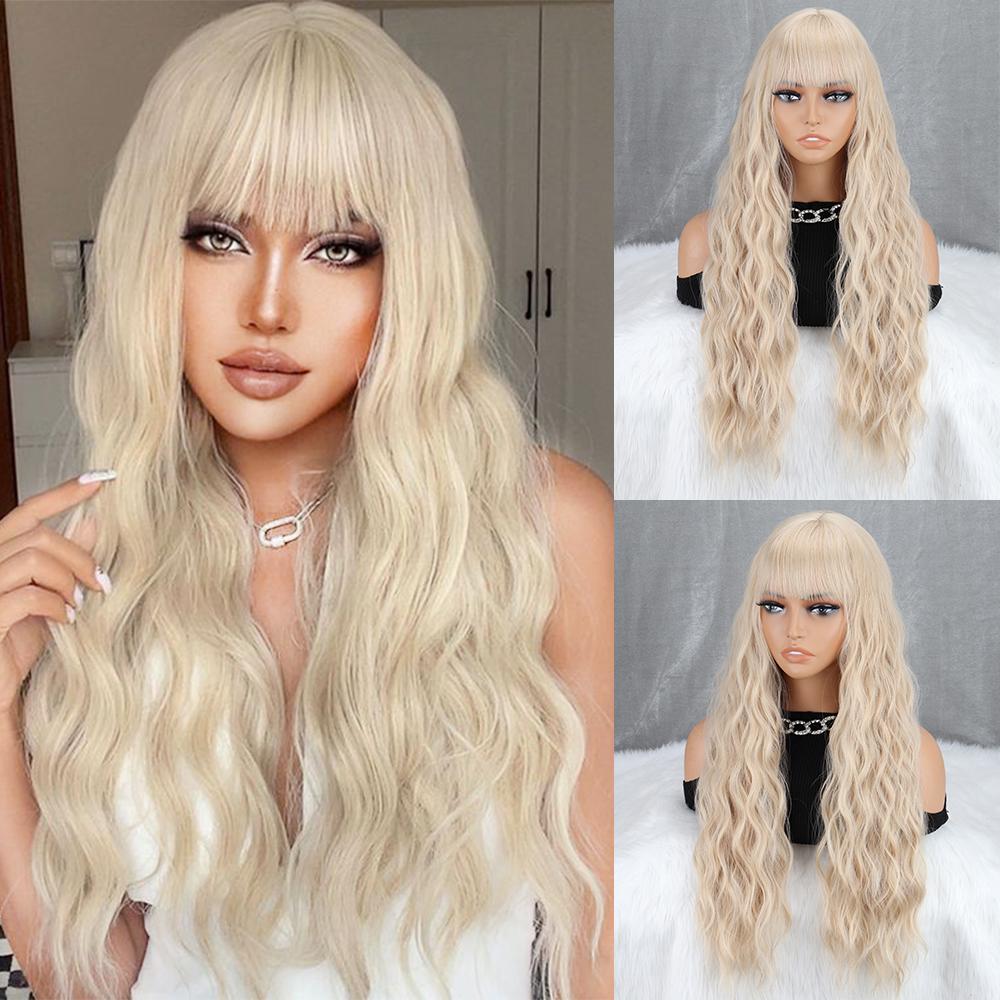 MISS WIG Natural Black Long Wave Wig with Bangs Synthetic High Temperature Fiber Wig Suitable for Daily Wear Party Wigs