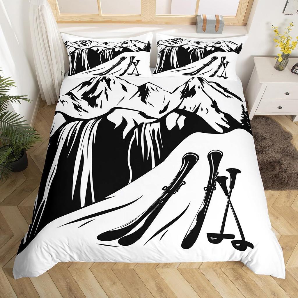 Ski Theme Duvet Cover Green Pine Cable Car Bedding Set Country Style Three-Piece Set