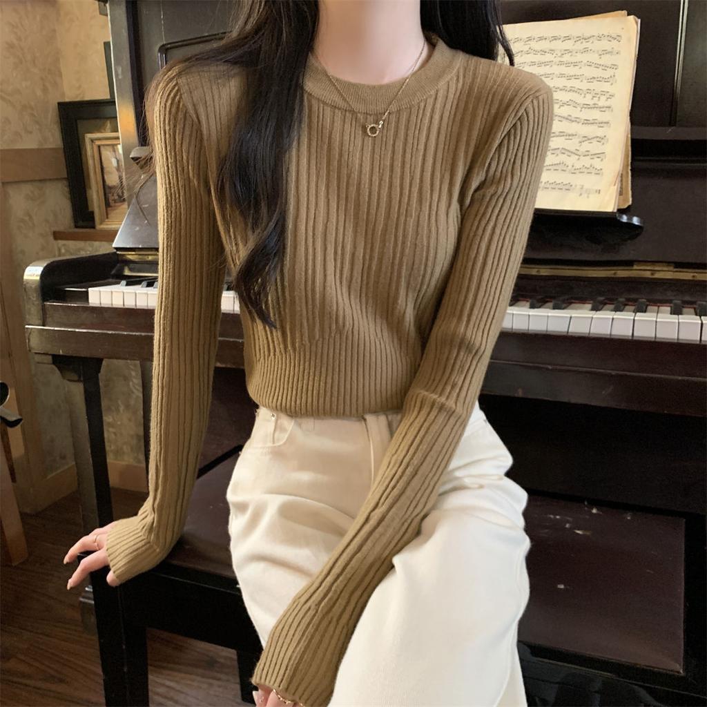 Autumn and winter texture short knitted sweater women's soft waxy shoulder with long-sleeved top retro bottoming sweater