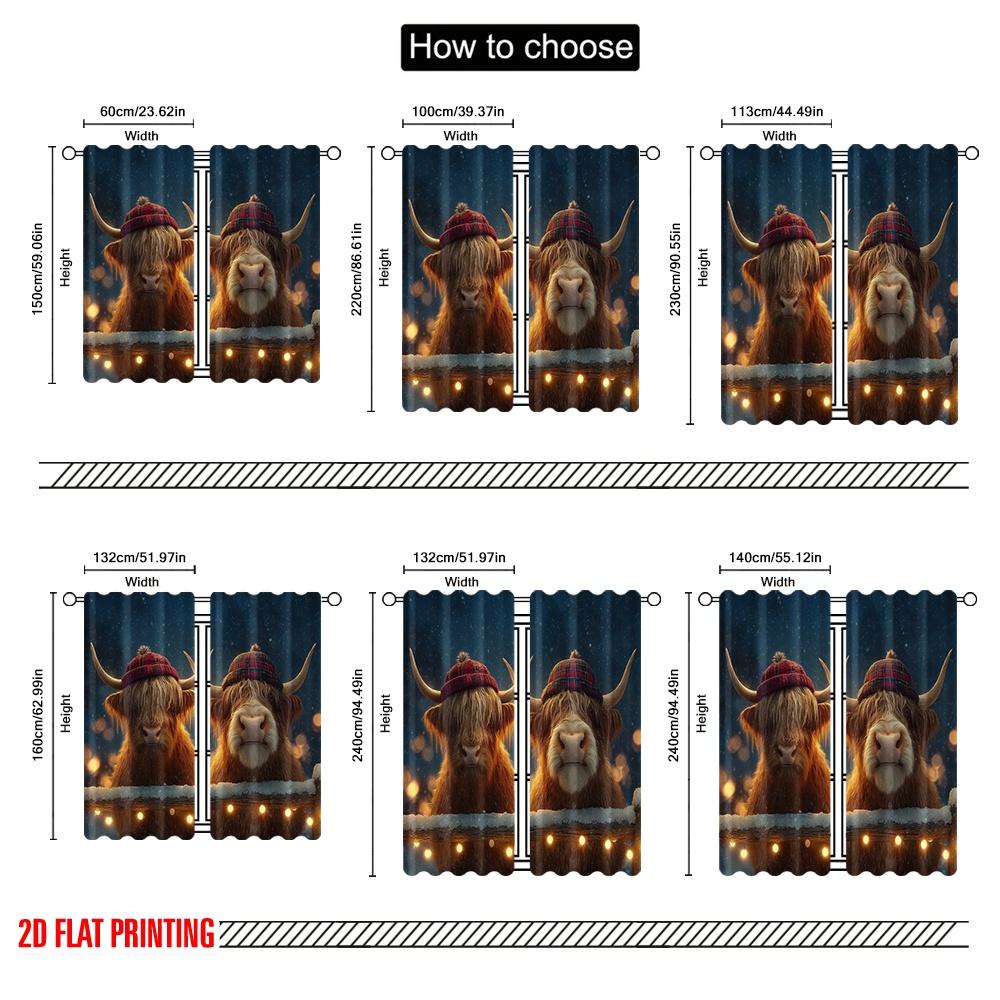 2pcs 2D flat printing St Patrick's Day Curtains Highland cattle in the snow Polyester Without Electricity Birthday Party for