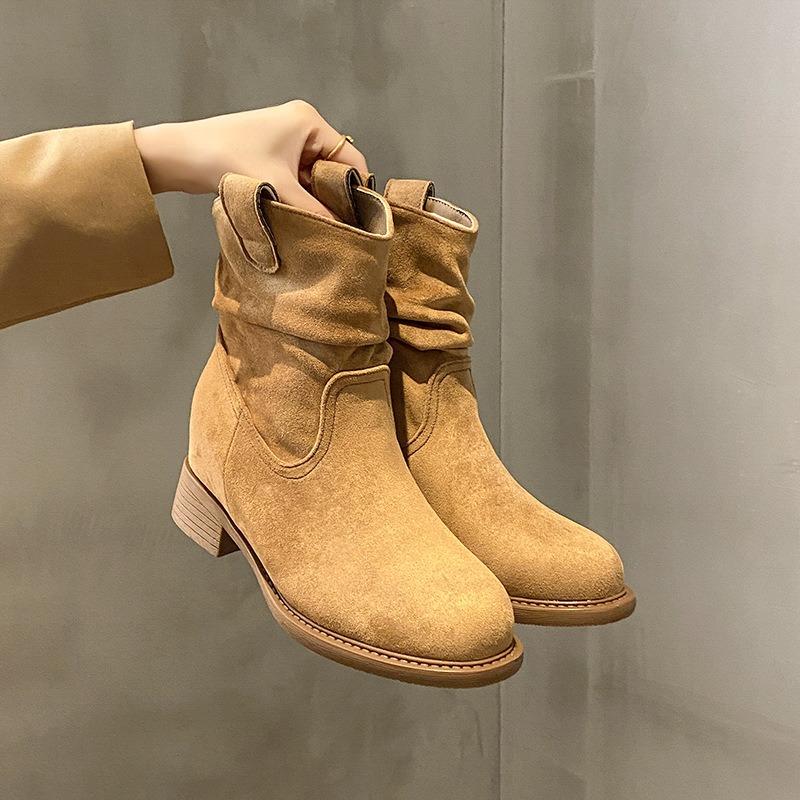 Niche retro western cowboy boots women's autumn new Maillard stack boots women's thick heel short Martin boots