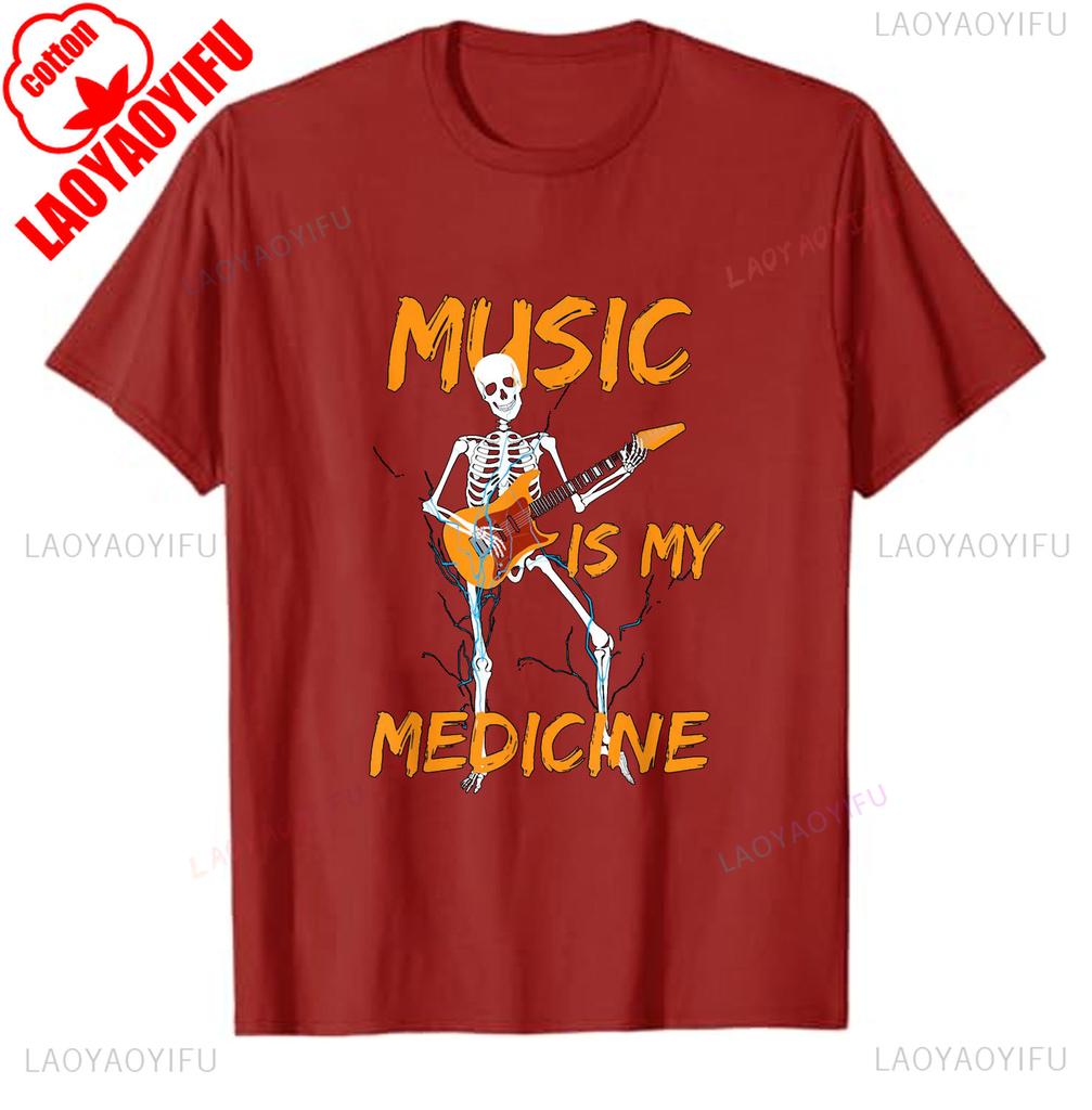 Skeleton Playing Guitar Music Lover Funny Gift TShirt Classics Unisex Slim Short Sleeve Shirt Guitar Design Birthday Cotton Tee