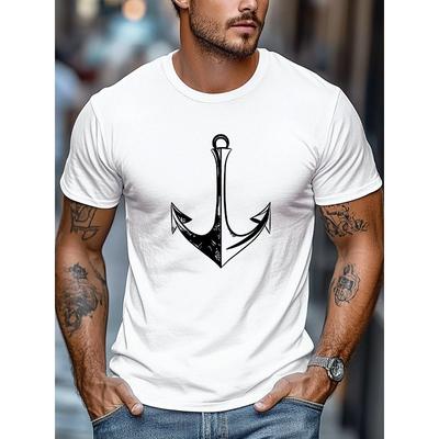 European Size Plus Size Men's T-Shirt, Simple and Stylish, Casual and Relaxed, Men's White Anchor Pattern Summer Casual Crew Neck Short Sleeve T-Shirt