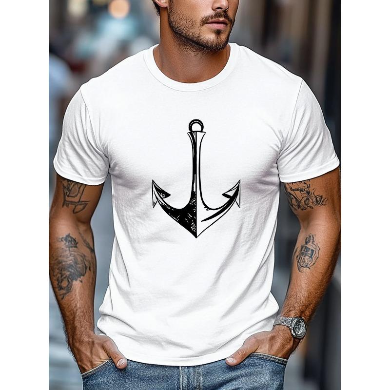 European Size Plus Size Men's T-Shirt, Simple and Stylish, Casual and Relaxed, Men's White Anchor Pattern Summer Casual Crew Neck Short Sleeve T-Shirt