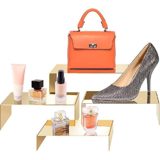 Purse Display Stand, 3 Pcs Large Gold Stainless Steel Display Risers, Gold Risers Display Stands, Large Gold Perfume Stand Display for Jewelry Shoe