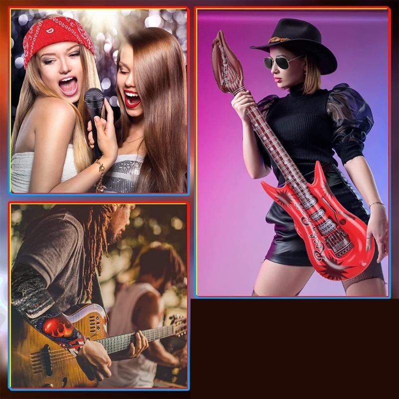 Sada kostýmů Rockera z 80. let, Kostýmy Heavy Metal Rock, Doplňky ke kostýmům na Halloween, Nafukovací kytara, Náramky, Prsteny