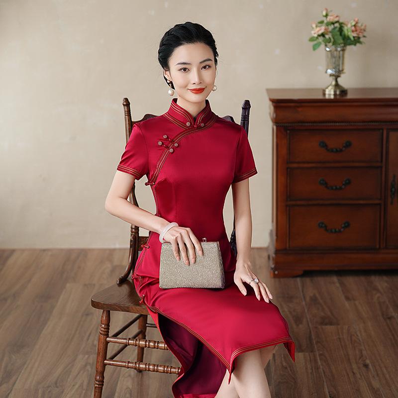 High-end red mother silk cheongsam 1011 new improved Chinese mother-in-law mulberry silk cheongsam dress