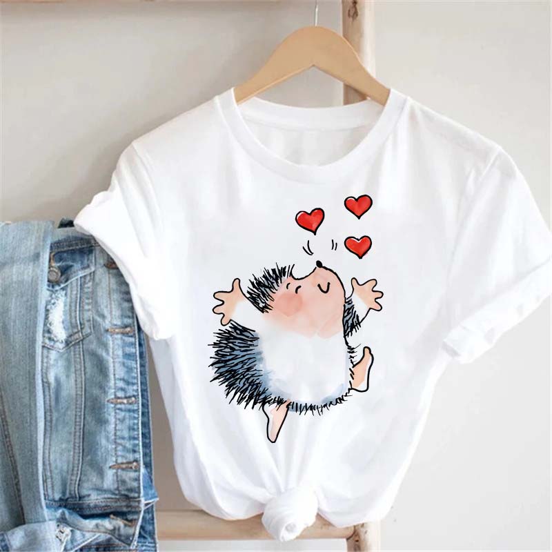 Pink Women Tshirts Casual Cute Cartoon Hedgehog Floral Graphic Print Female Tee Tops Harajuku Fashion Short Sleeve T Shirt Femme