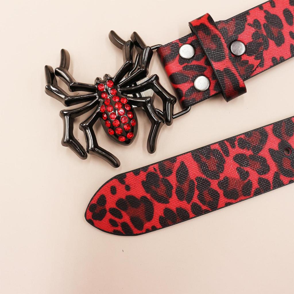 Y2K Leopard Print Rhinestone Spider Buckle Punk Leather Belt for Women