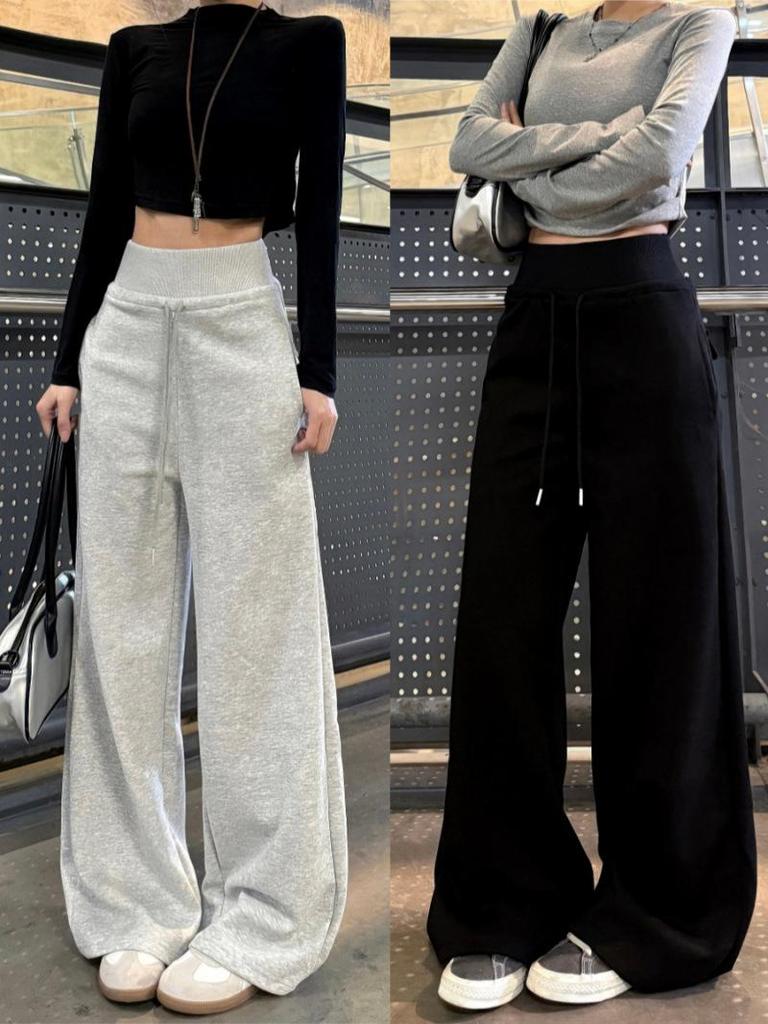 Women's Black High-Waisted Wide-Leg Sweatpants - 2025 Autumn/Winter Casual Slimming Loose Fit