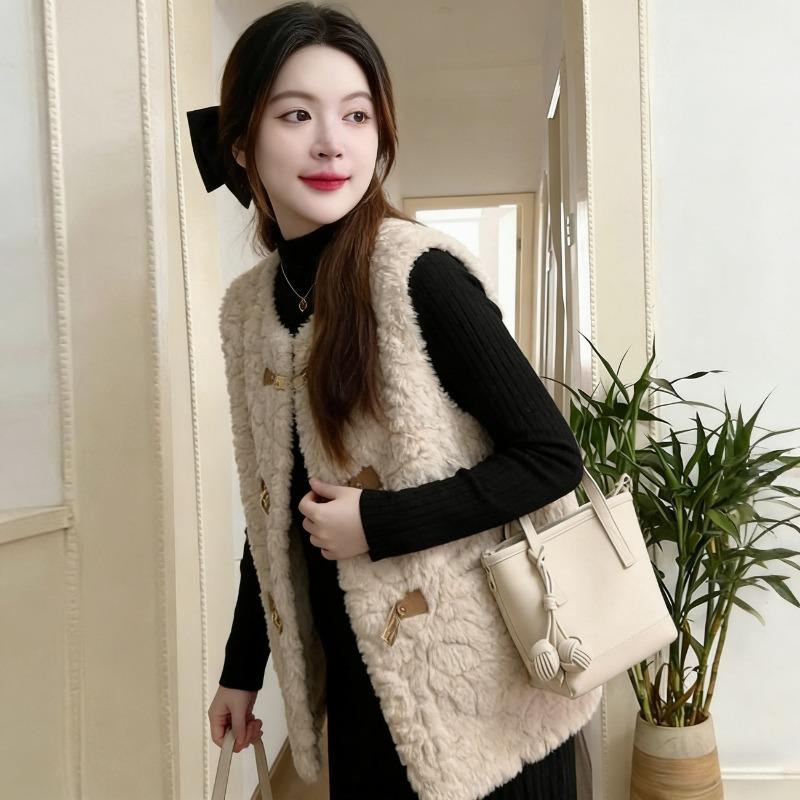 Women Faux Fur Vest Metal Buckle Loose Vintage Thick Warm Sleeveless
