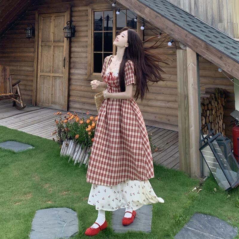 Summer Japanese sweet age-reducing red plaid dress lace splicing cherry floral dress fake two-piece skirt