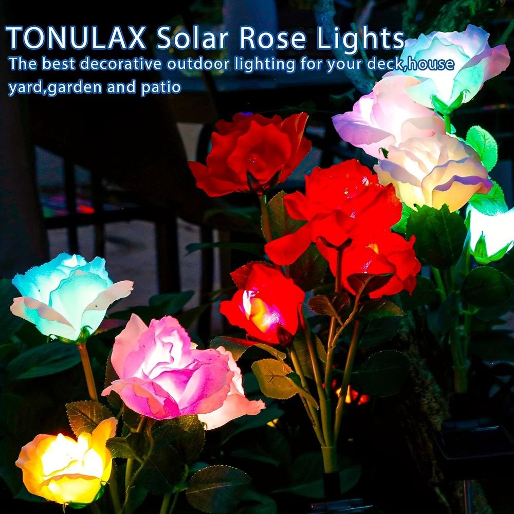 Solar Garden Lights - Outdoor Solar Lights, 7-Color Color Changing Rose Lights, Garden Decor, Enlarged Solar Panels, More Realistic Roses