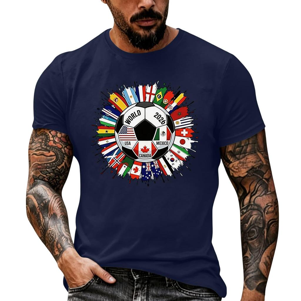 Men's Basic Crew Neck Short Sleeve T Shirt Loose Fit Casual Summer Top Soccer Ball and International Flags Graphic Print