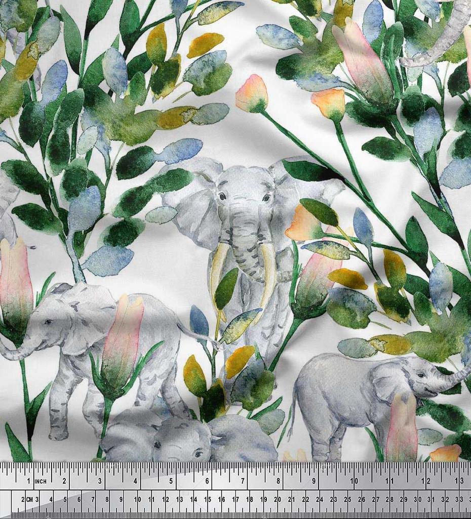 Soimoi Japan Crepe Satin Fabric Leaves,Floral & Elephant Animal Printed Craft Fabric by the metre 42 Inch