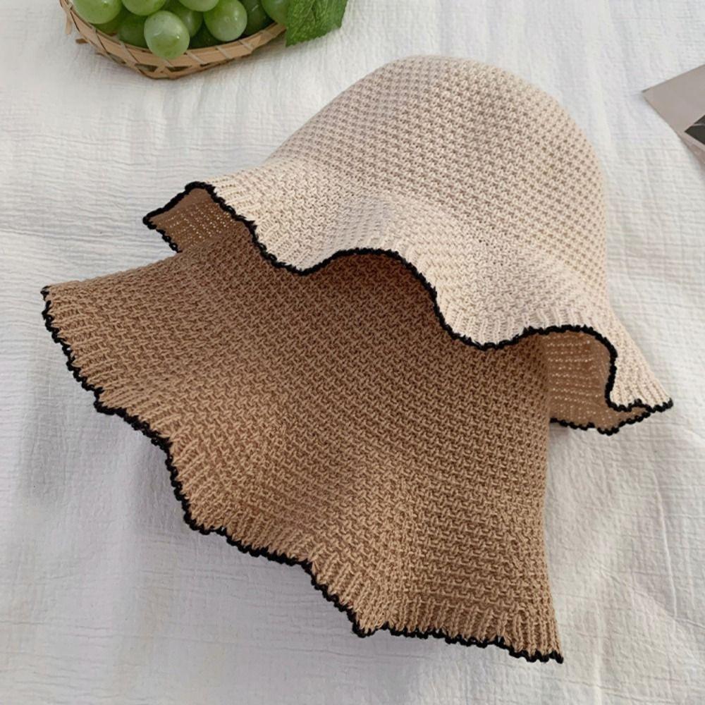 French Style Knitted Bucket Hat Sweet Seaside Beach Cap Elegant Straw Sun Hat  Outdoor