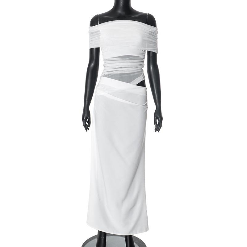 Ruched Irregular Dress Women Mesh Patchwork Slash Neck Short Sleeve Skinny Stretch Trend Elegant Long Bodycon Outfits