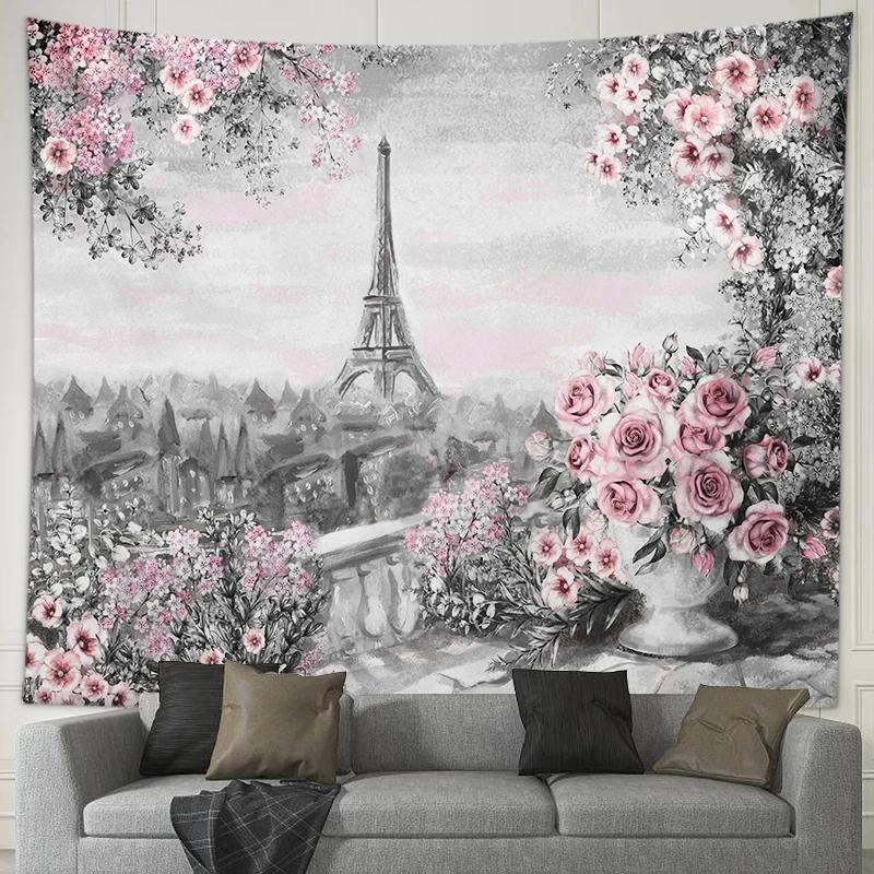 Romantic Couple Lovers Tapestry Eiffel Tower Big Ben Tapestry Wall Hanging Maple Rose Decorated Home Bedroom Living Room Dorm
