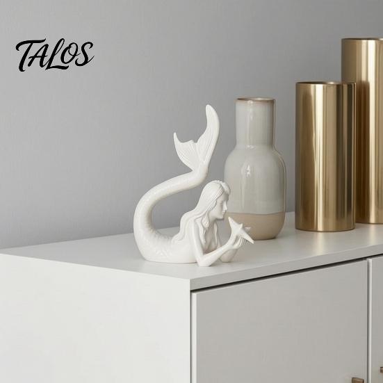 Exquisite Mermaid Figurine 3D Printed & Starfish Figurine, Sculpture, Ocean DIY White Craft Statues Theme Desktop Ornament for Home Office Fish