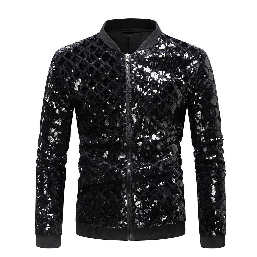 Men's Sequined Plaid Stand Collar Jacket – Trendy Spring/Autumn Fashion