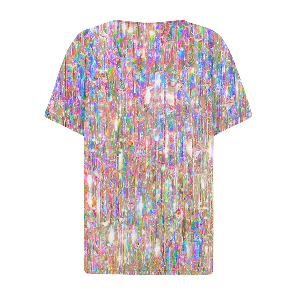 Damski top T-shirt z krótkim rękawem i ozdobnymi guzikami, z nadrukiem i cekinami, z nadrukiem i dekoltem w kształcie litery V