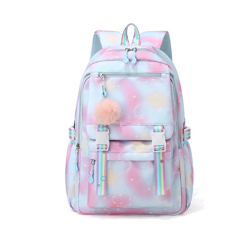Kawaii Farbverlauf Sternenmuster Rucksack für Mädchen Schultasche mit Plüsch-Bommel Teenager Schüler Lässiger Tagesrucksack Reise Rucksack