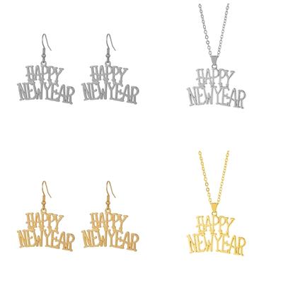 Happy New Year Pendant Necklace Metal Hollow Dangle Earrings Sweet Cool Clavicle Chain Simple Earrings Statement Jewelry