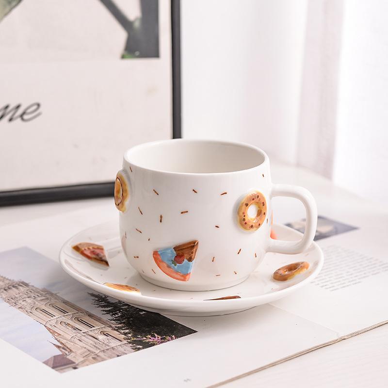 European Ceramic Coffee Cup Saucer Creative Donut Mug Exquisite Afternoon Tea Flower Tea Coffee Cup Breakfast Mug Birthday Gift