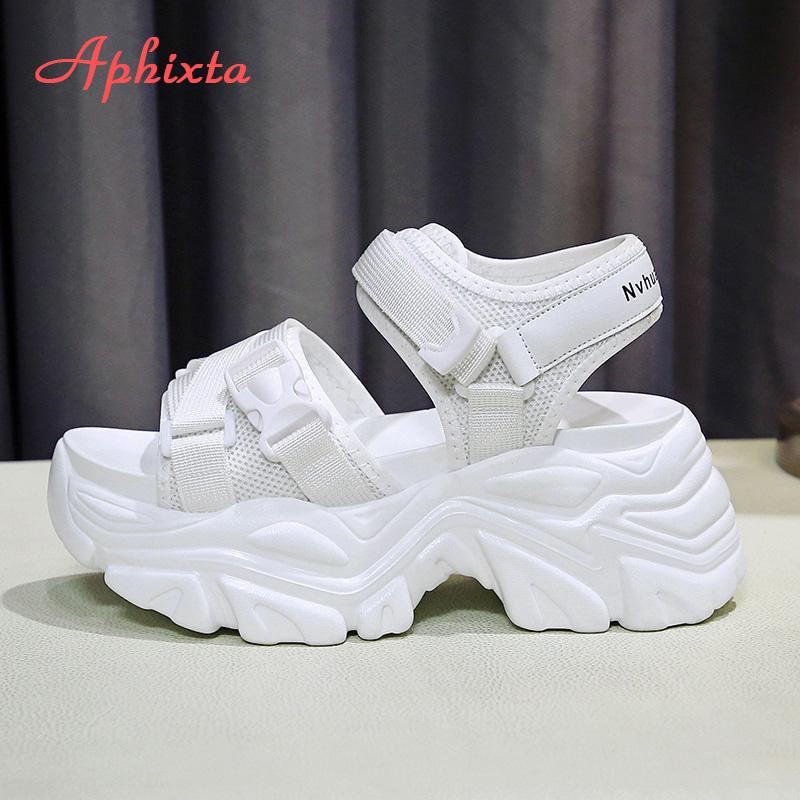 Fashion Aphixta New Buckle Height Increaming Canvas Platfom Sandals Women 3.15 Inch Wedge Heel Shoes Hook & Loop Thick Bottom Slides