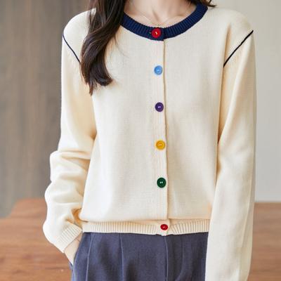 Cardigan Lavorato a Maglia Girocollo Maniche Lunghe da Donna con Design a Bottoni Colorati Giacca Maglione Novità per Primavera e Autunno